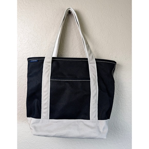 Lands' End Handbags - Lands' End Zip Top Boat Tote Canvas Black Natural Large Travel Work Beach Bag